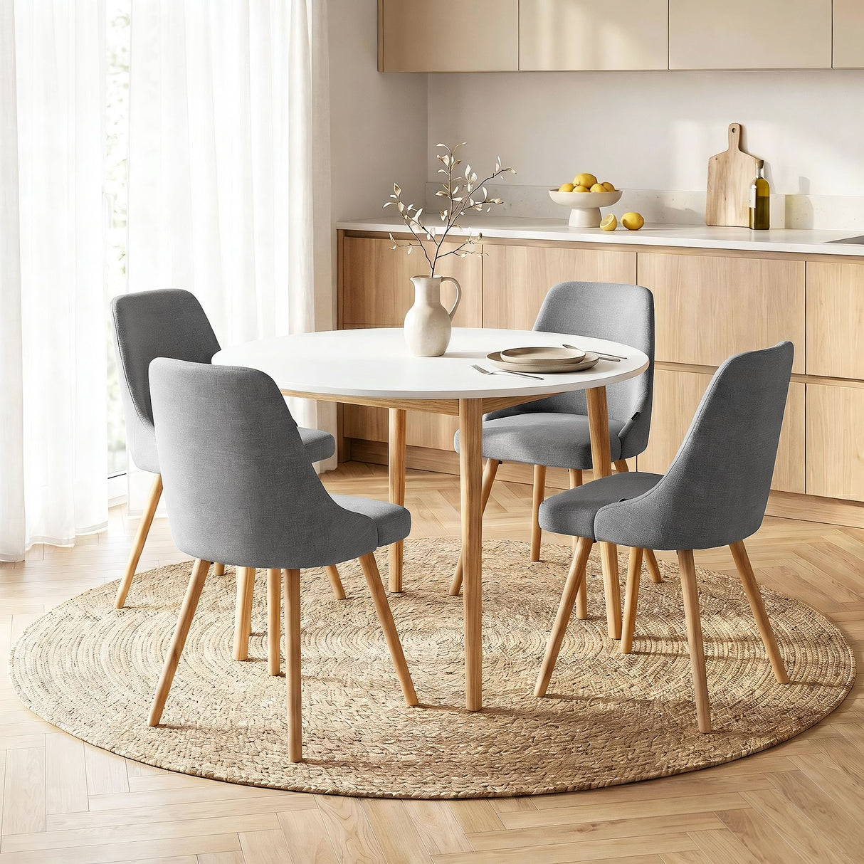 Woodside 5 Piece Round Dining Set, White and Grey Fabric
