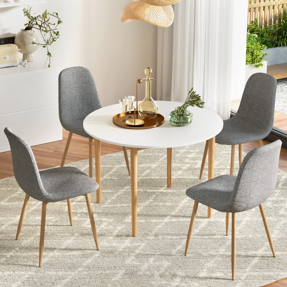 Woodside 5 Piece Round Dining Set, White and Grey Linen