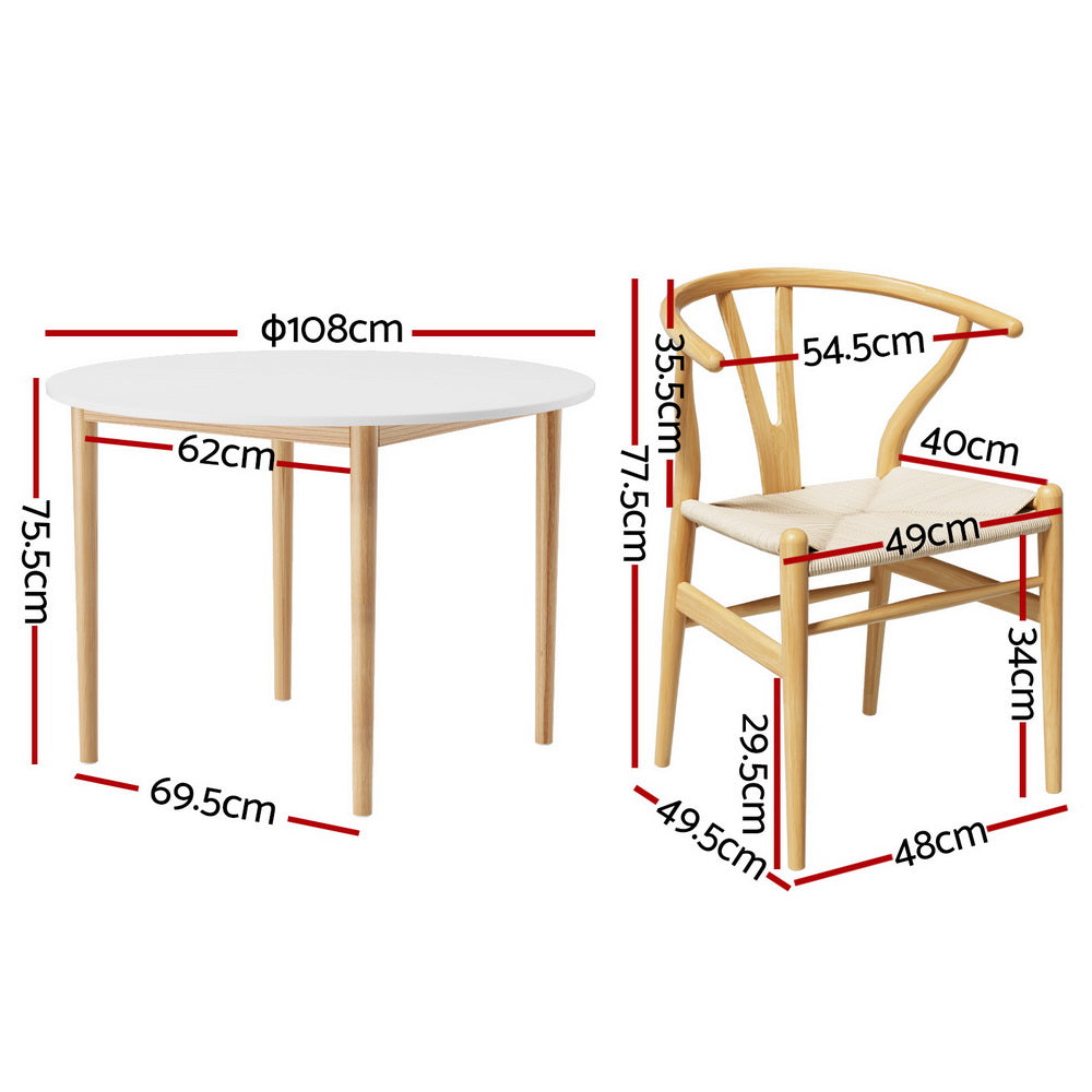 Woodside 5 Piece Round Dining Set, White and Natural