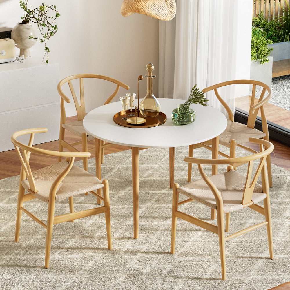 Woodside 5 Piece Round Dining Set, White and Natural