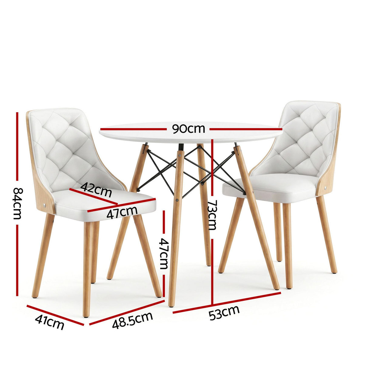 Charleston 3 Piece Round Dining Set, White Leather
