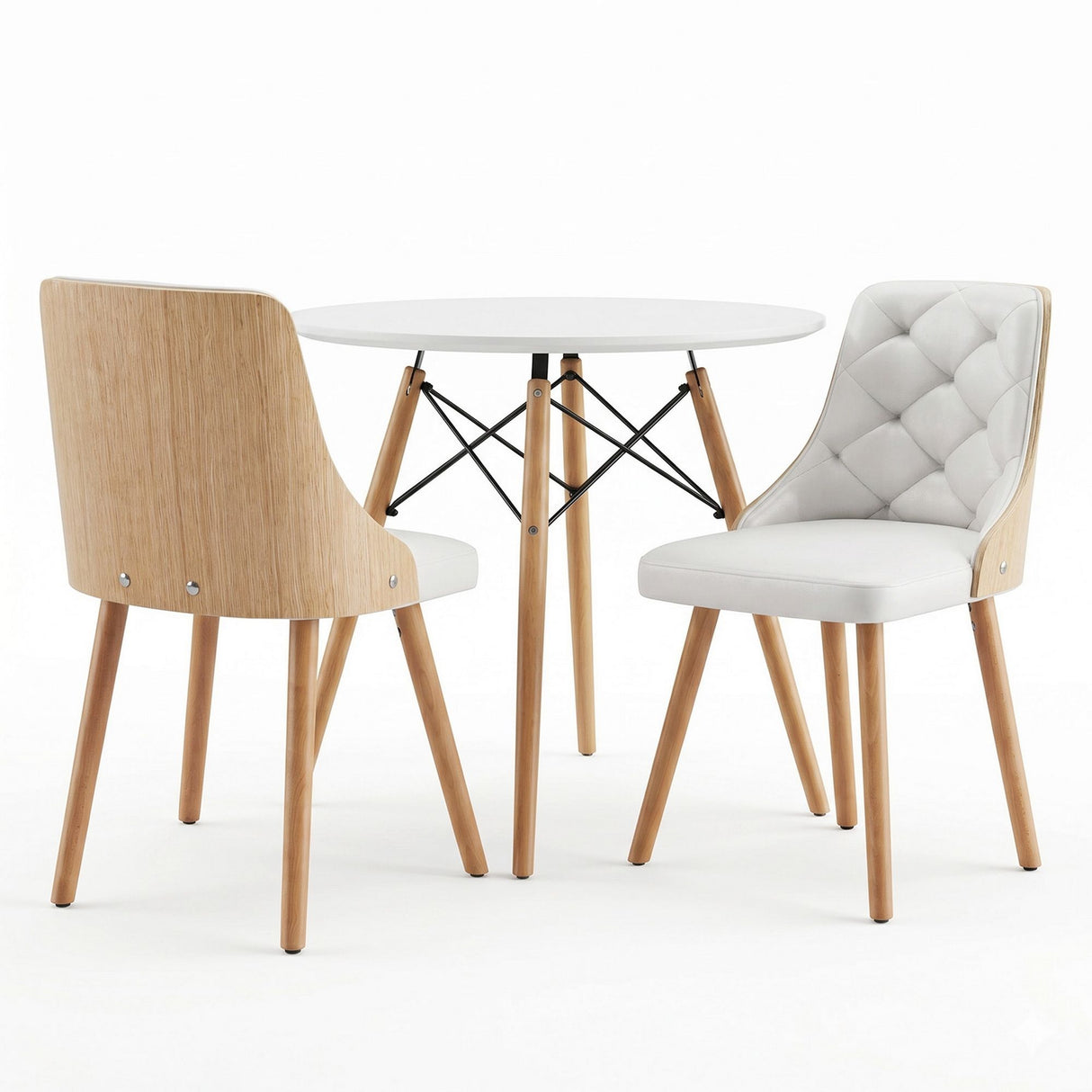 Charleston 3 Piece Round Dining Set, White Leather