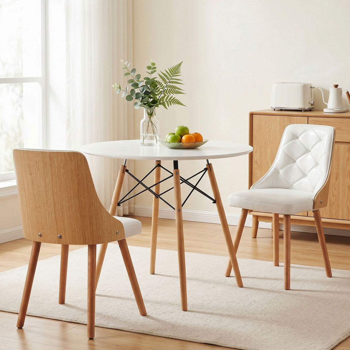 Charleston 3 Piece Round Dining Set, White Leather