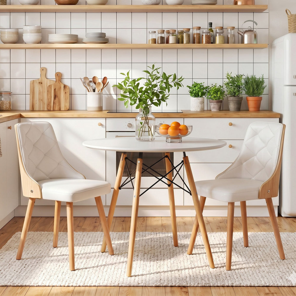 Charleston 3 Piece Round Dining Set, White Leather