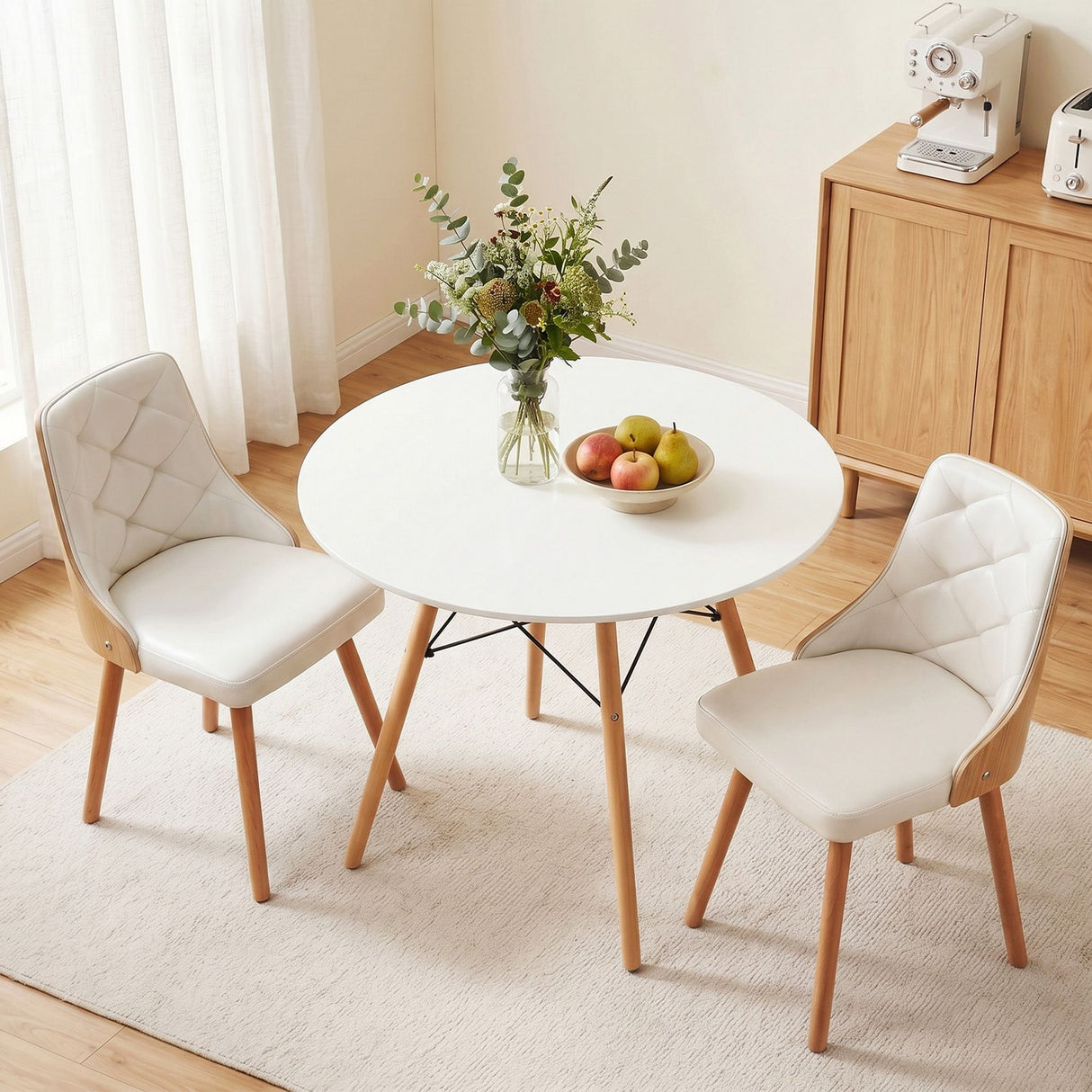 Charleston 3 Piece Round Dining Set, White Leather