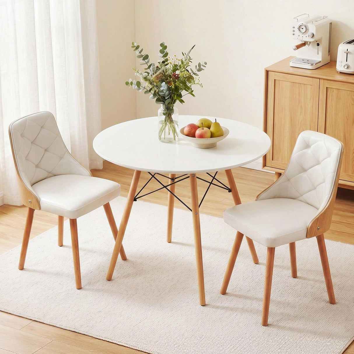 Charleston 3 Piece Round Dining Set, White Leather