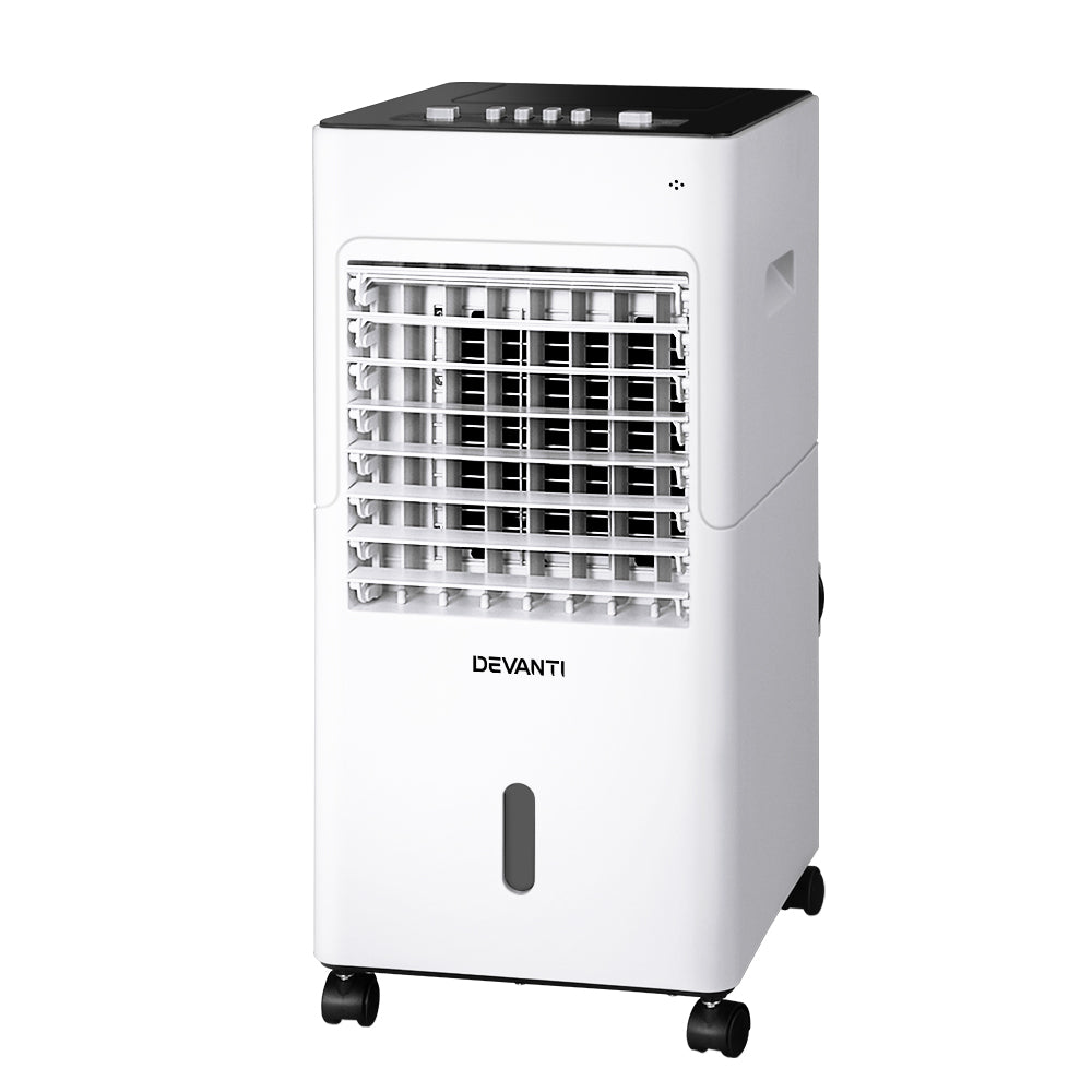 Black and white portable evaporative air cooler with 6 L tank, front view