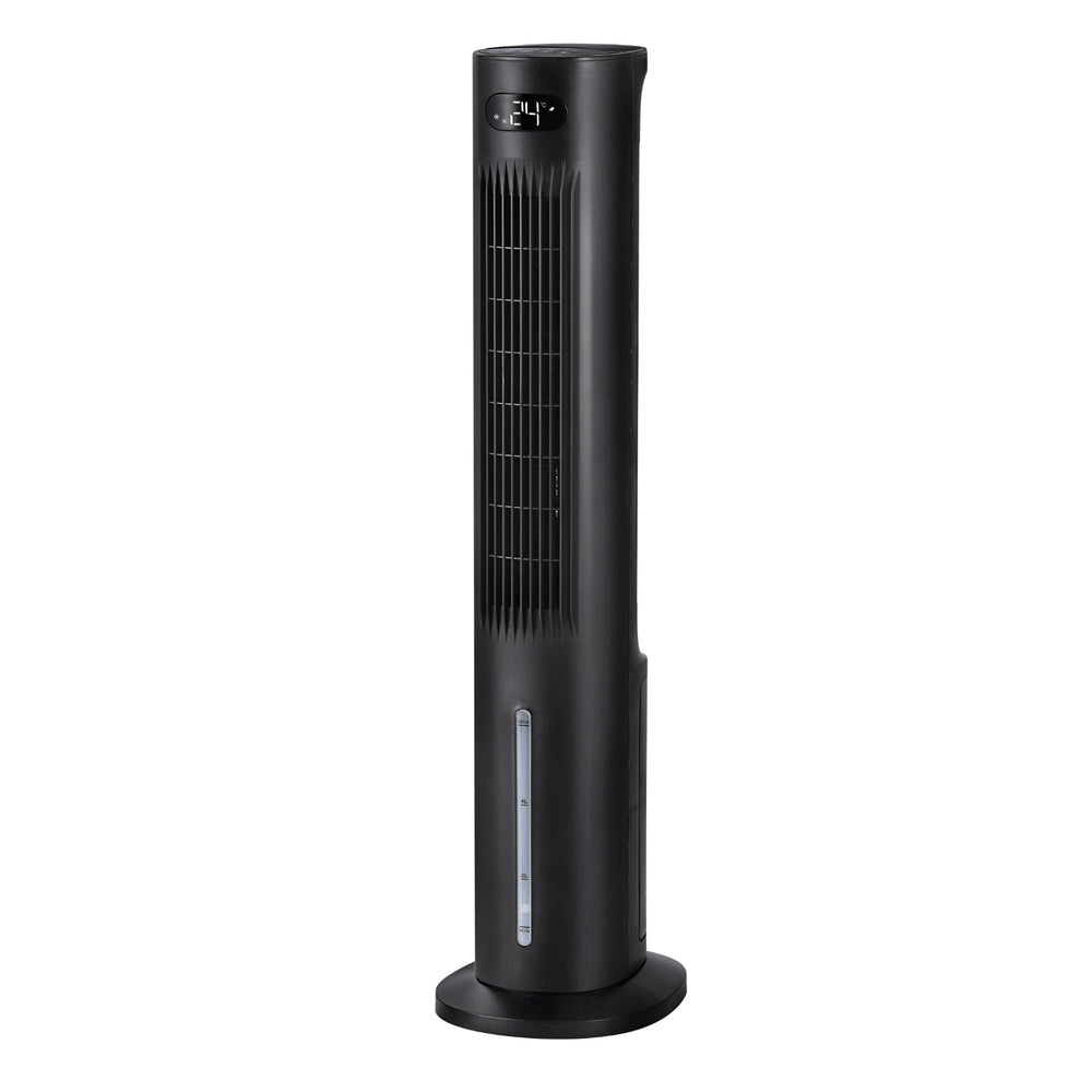 Black evaporative air cooler tower with 7 L water tank, front view