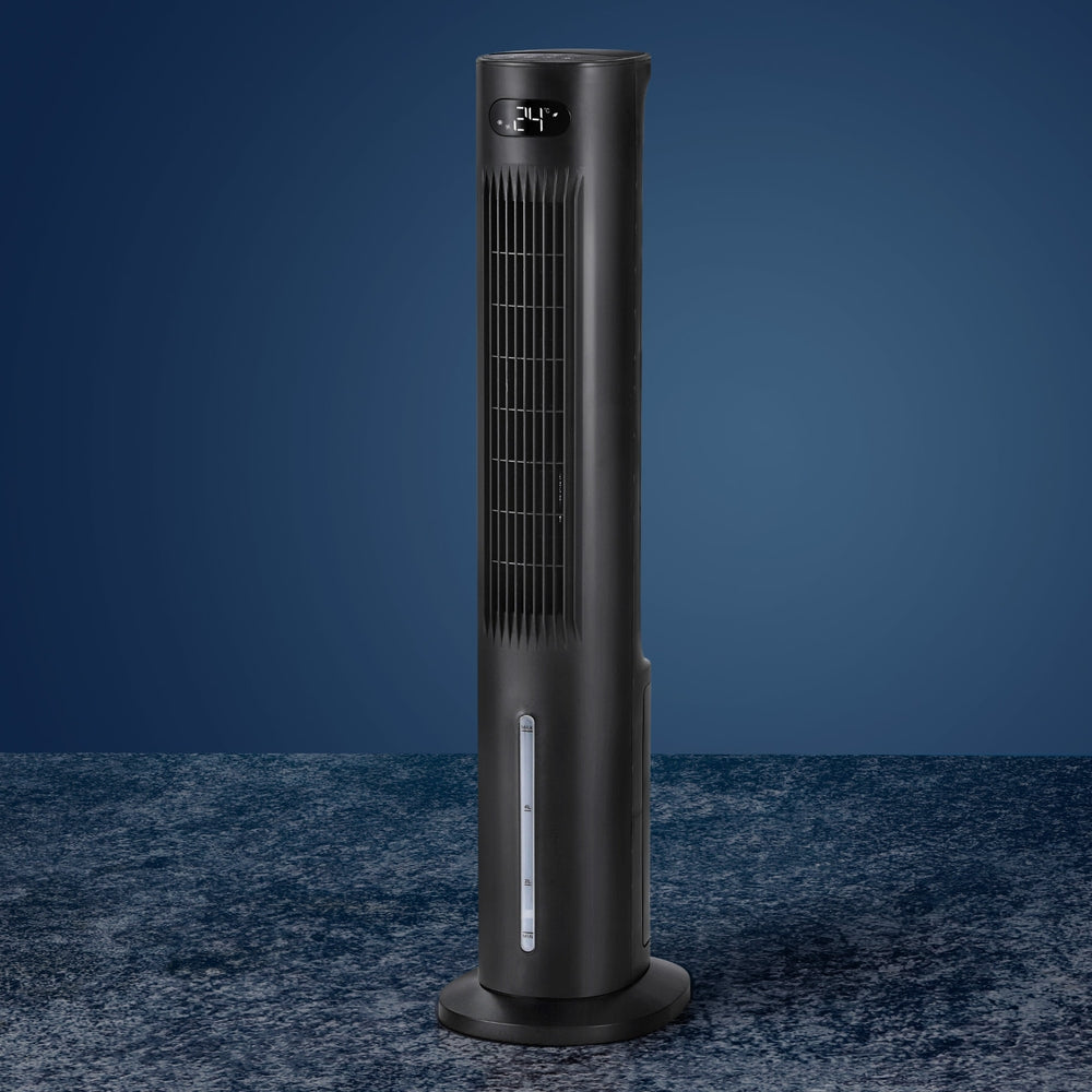 Dimension view of the black evaporative air cooler, 109 cm tall