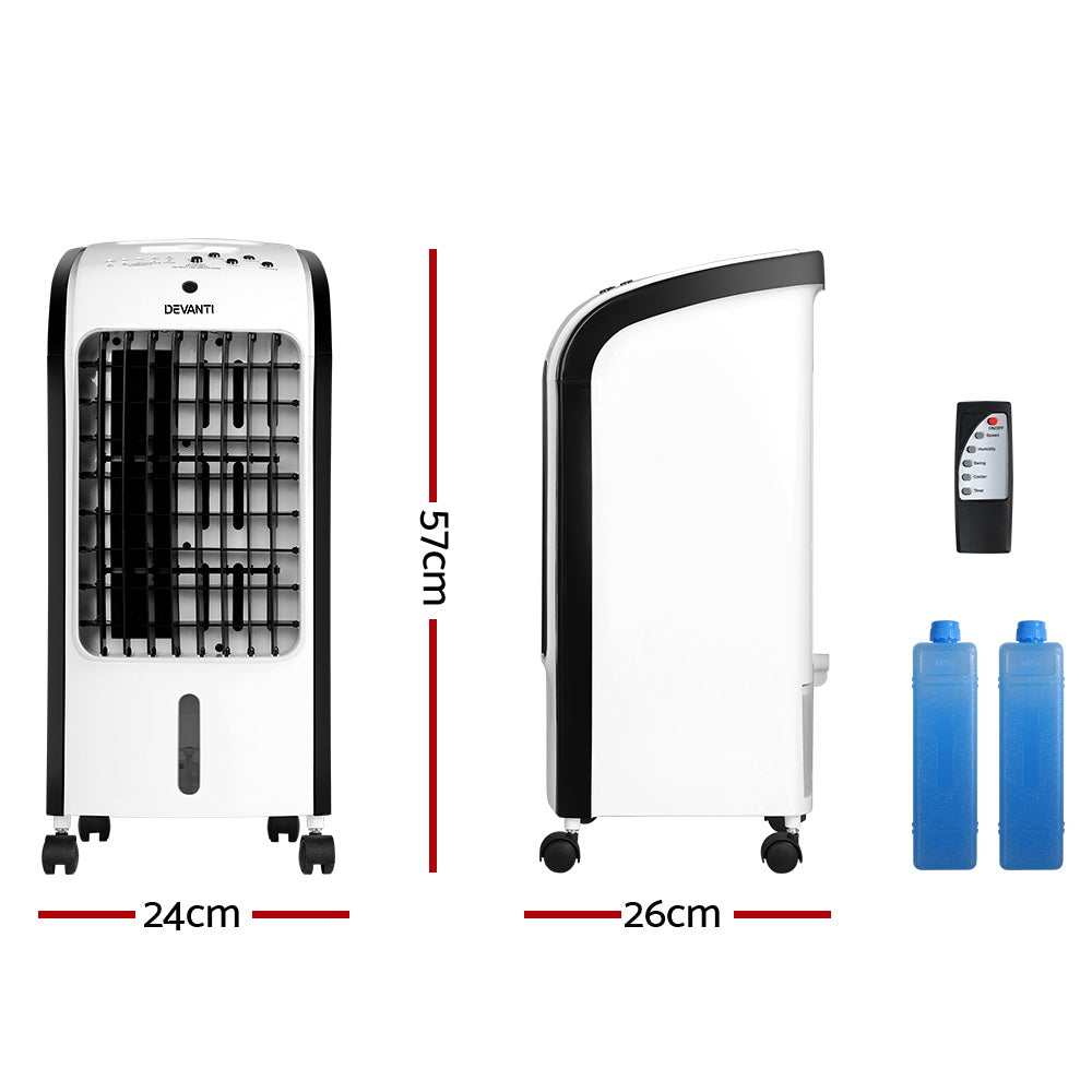 Evaporative air cooler shown at an angle with adjustable front louvres