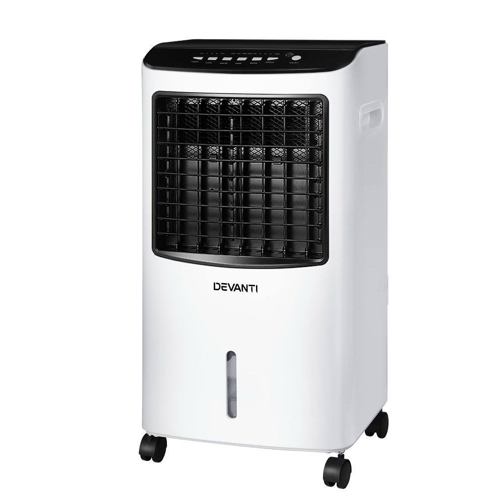 Black and white portable evaporative air cooler with 8 L tank, front view