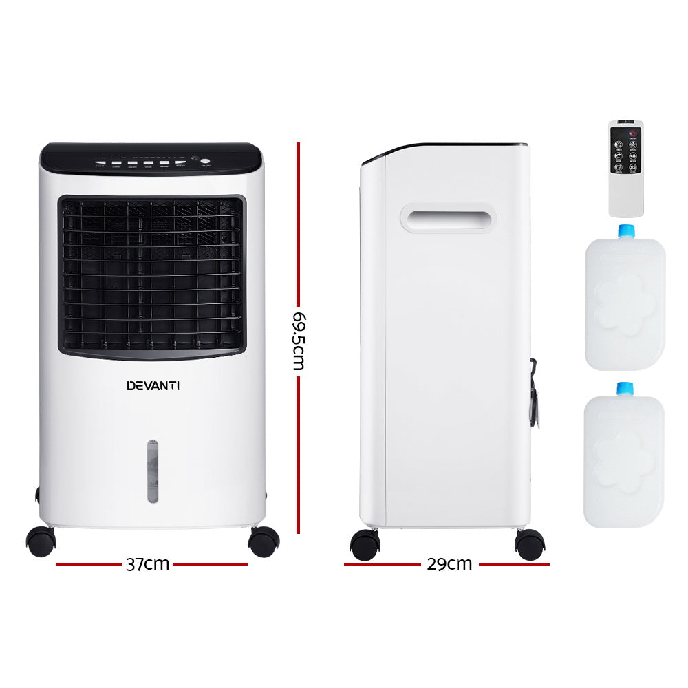 Angled view of the 8 L evaporative air cooler showing adjustable louvres
