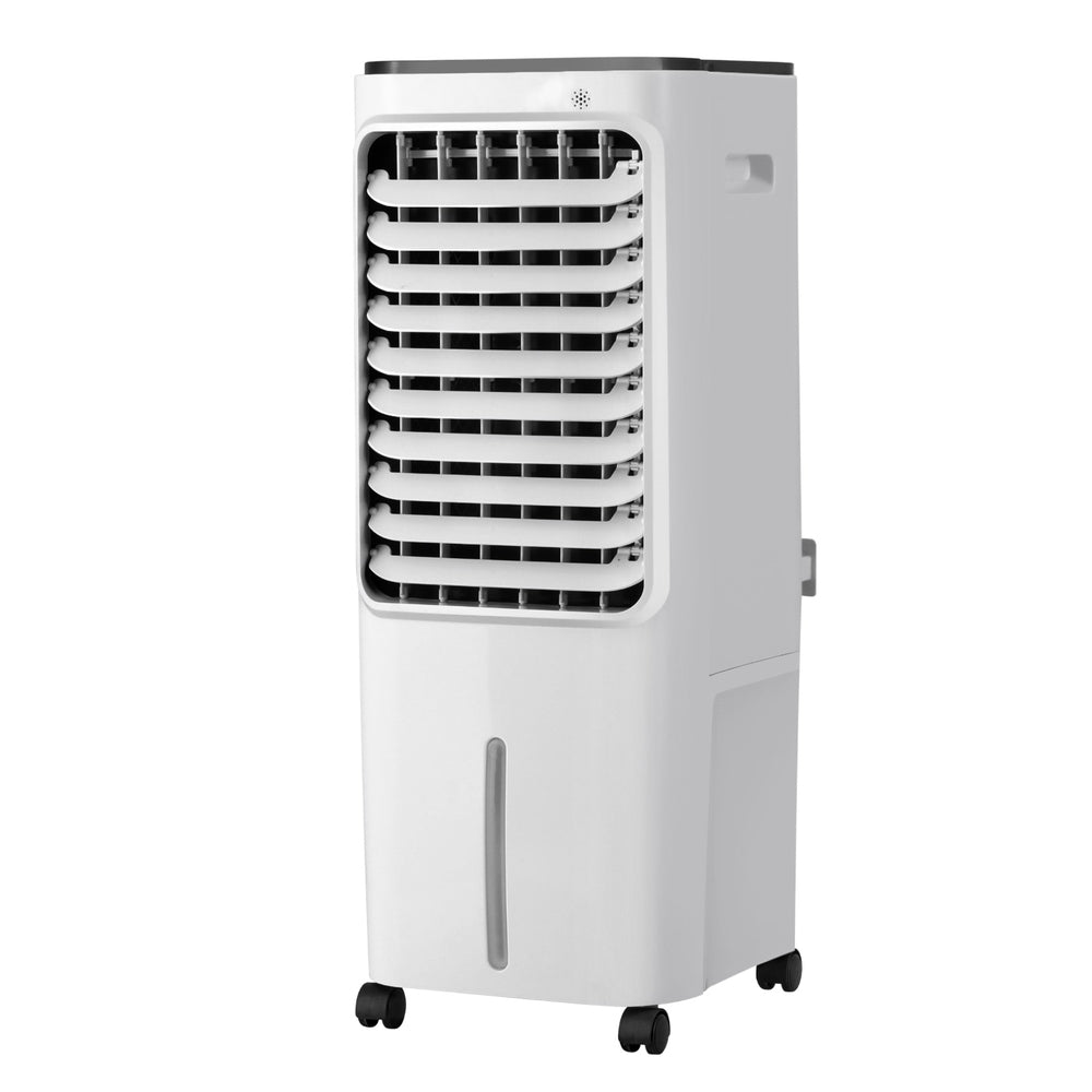 White and black evaporative air cooler with 12 L tank and castor wheels