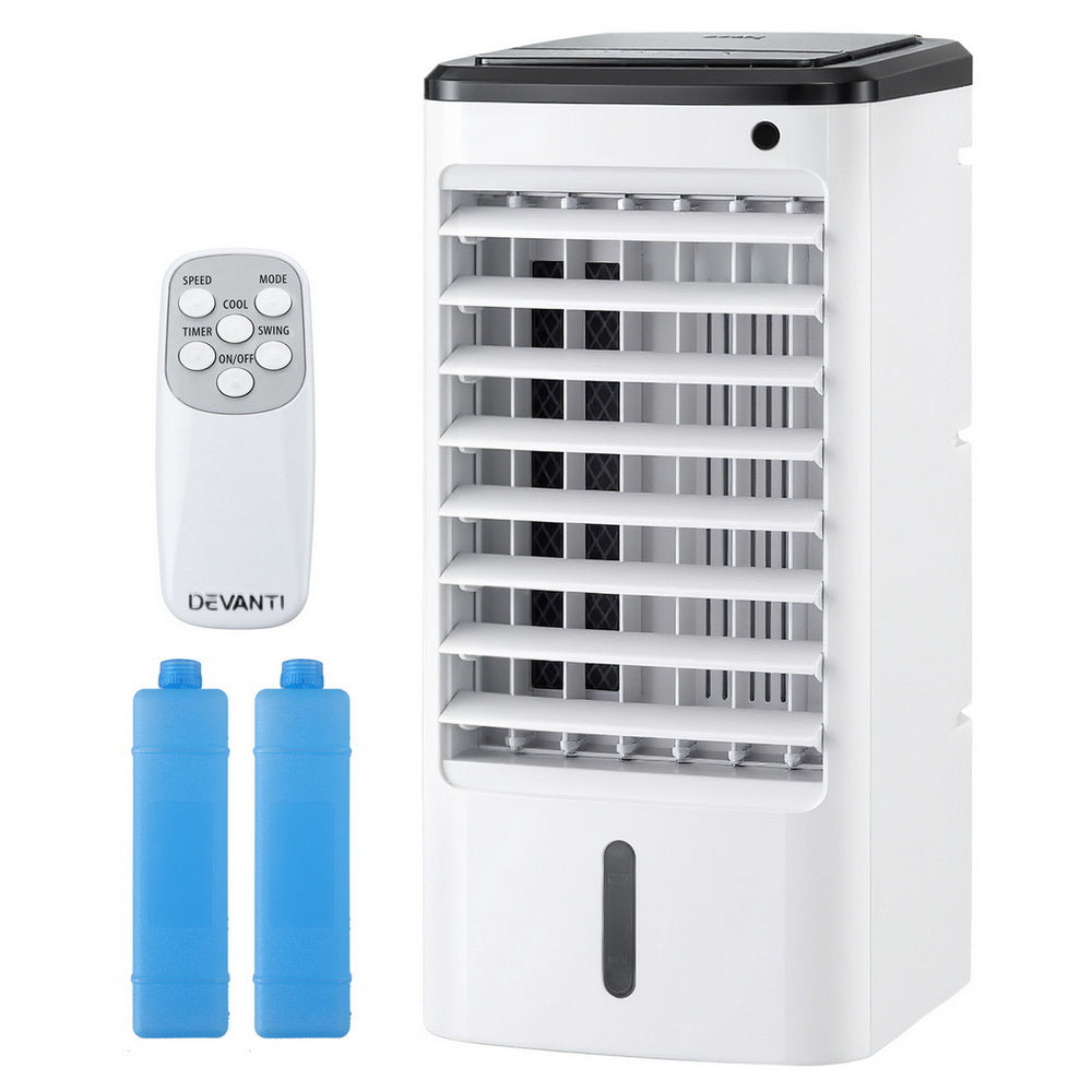 White and black portable evaporative air cooler with 4 L top fill tank