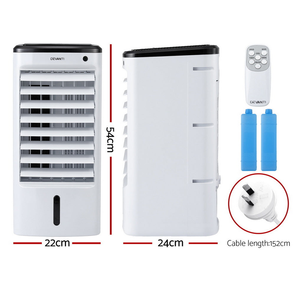Angled view of the compact evaporative air cooler showing front louvres