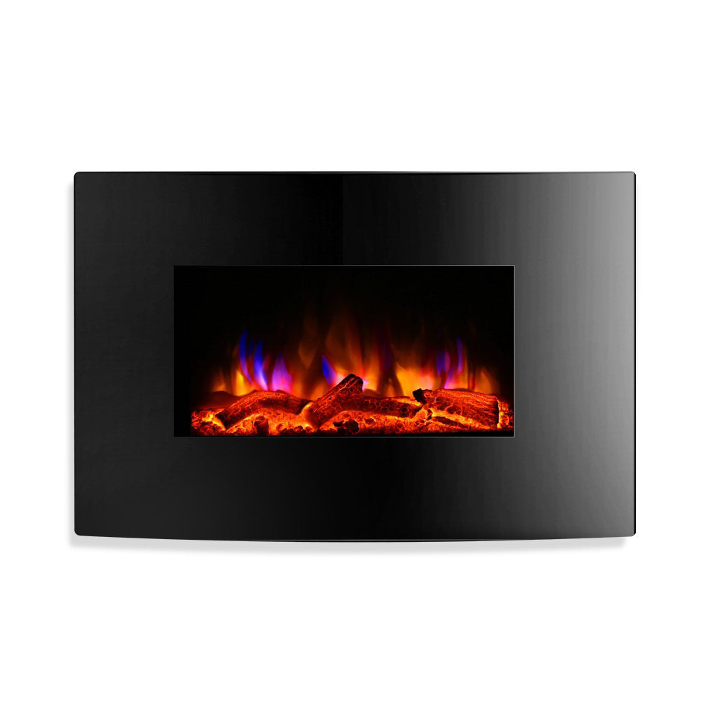 Wall mounted electric fireplace with curved black glass front, 91 cm