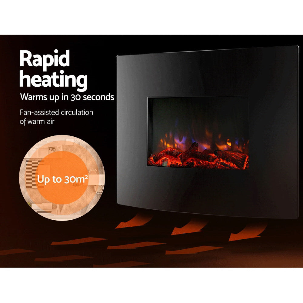 Electric fireplace mounted on a living room wall