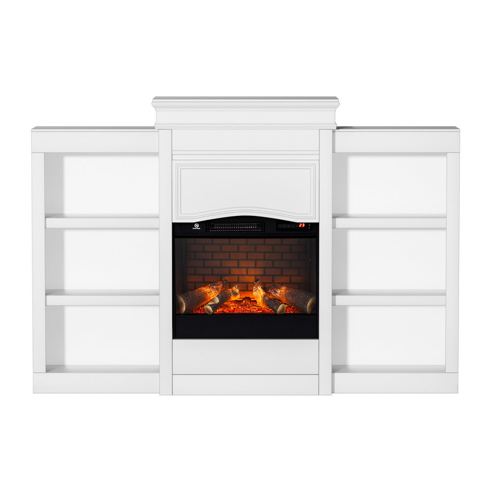 Electric fireplace mantel in white shown at an angle with shelves either side