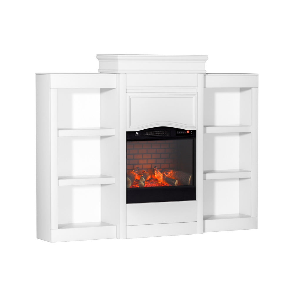 Bookcase shelving detail on the white electric fireplace mantel
