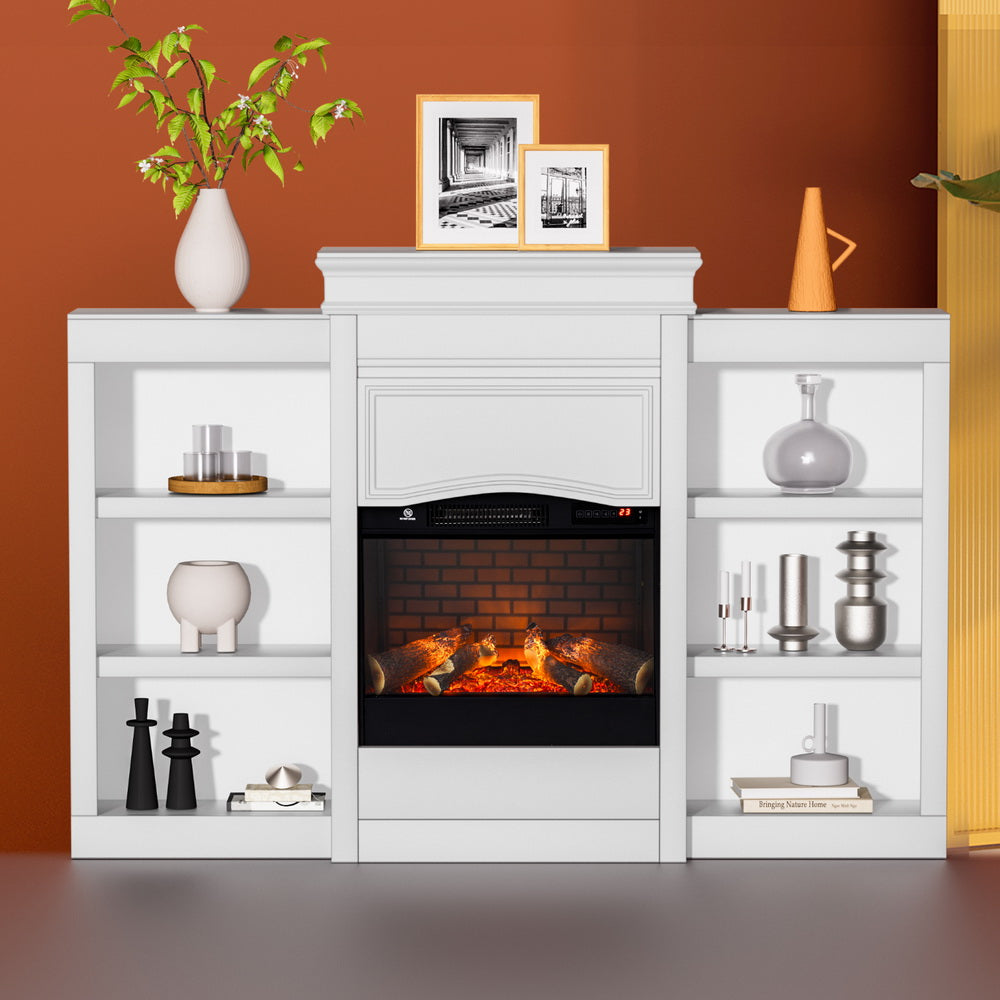 White electric fireplace with bookcase mantel and 3D flame effect, front view