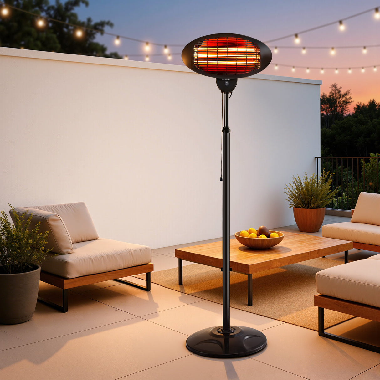 Black freestanding electric patio heater with round base and halogen heating head