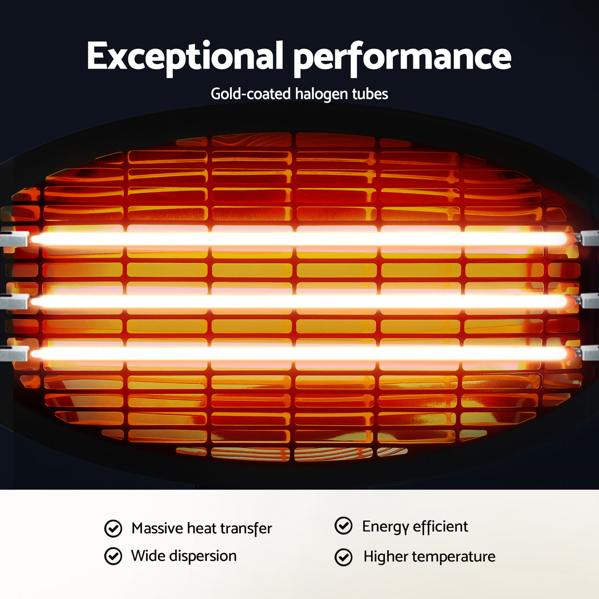 Heater head tilted 45 degrees to direct warmth down onto a seating area