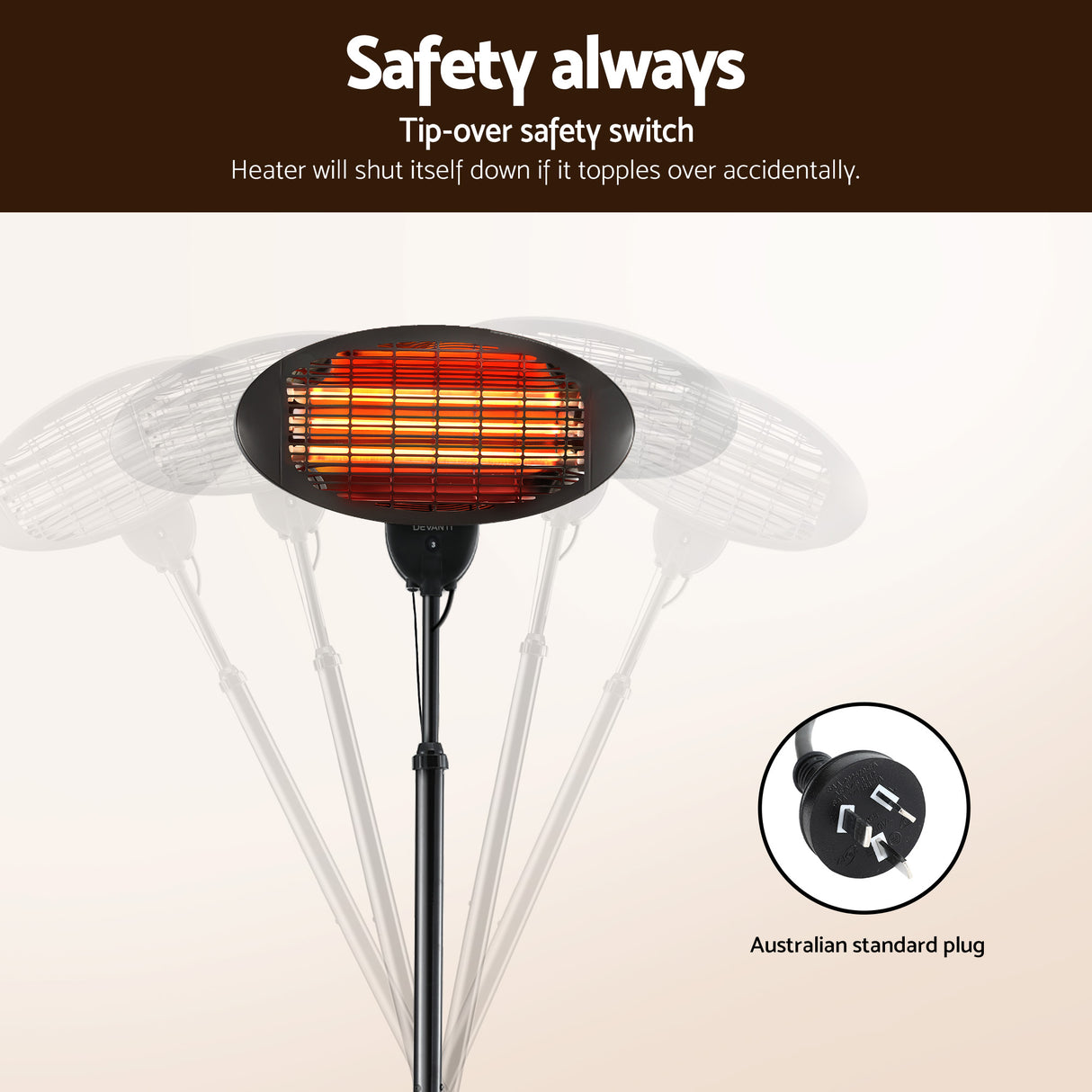 Patio heater set up beside an alfresco dining table at night