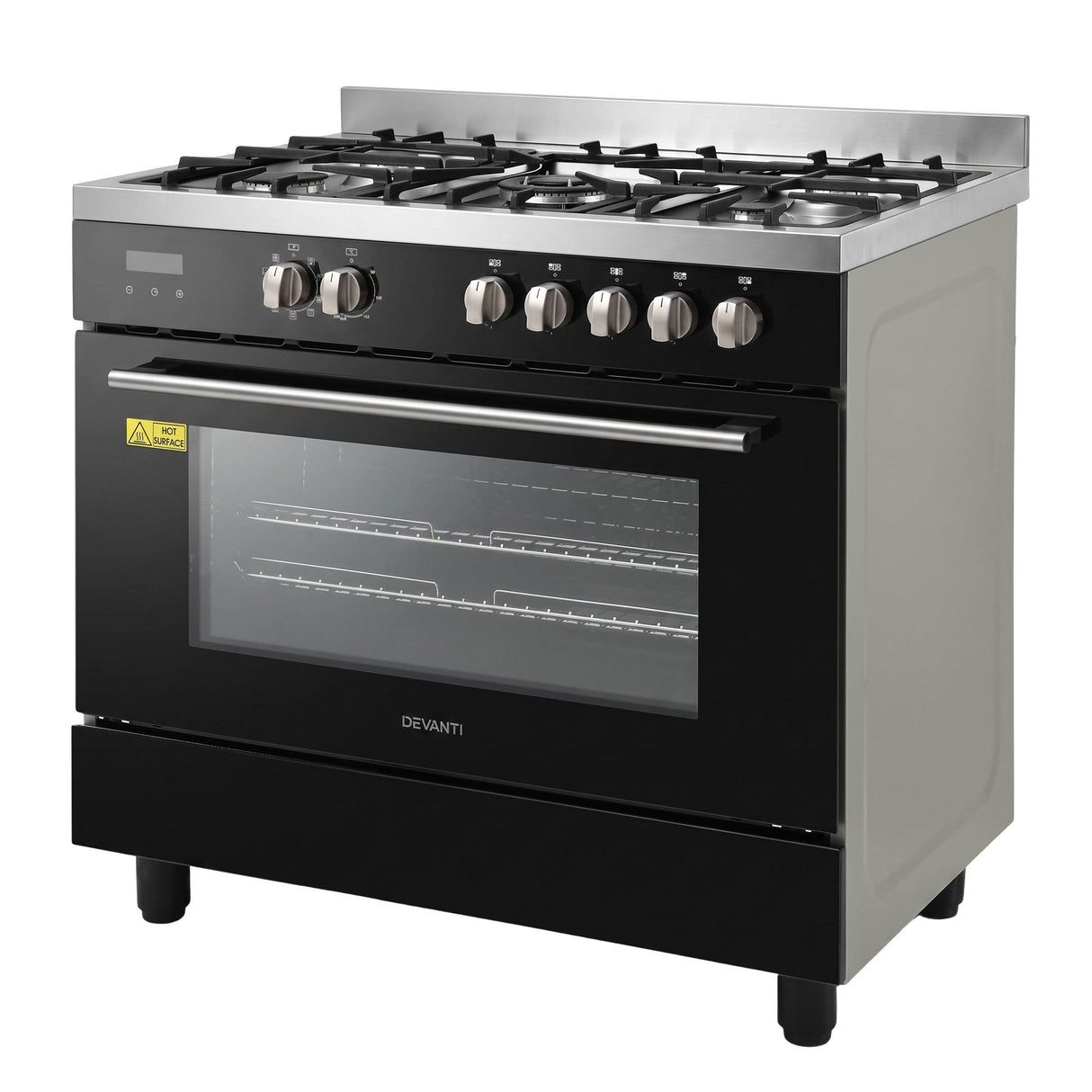 Five burner gas cooktop with cast iron trivets on the 90 cm cooker
