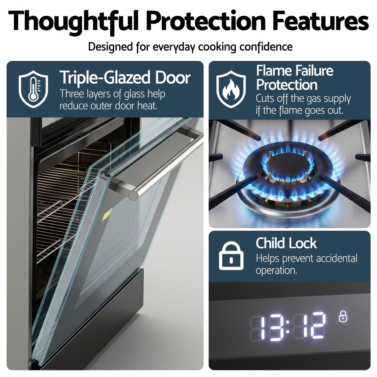 Oven door open showing triple layer flat glass
