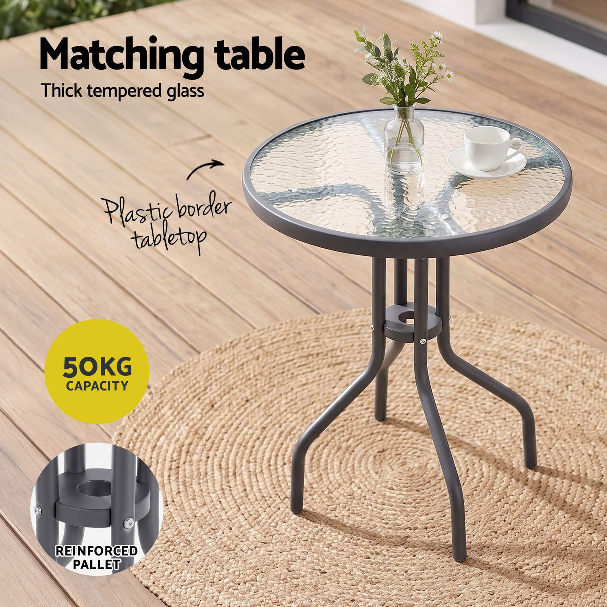 Outdoor Bistro Set 3 Piece Stackable Table And Chairs Grey