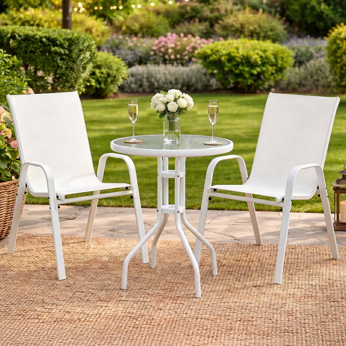 Outdoor Bistro Set 3 Piece Stackable Table And Chairs White