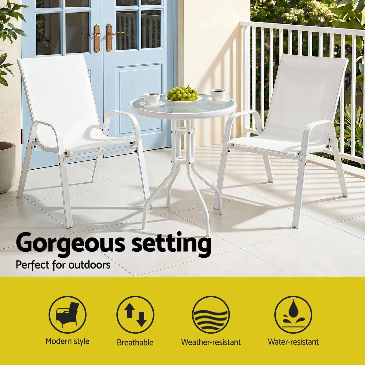 Outdoor Bistro Set 3 Piece Stackable Table And Chairs White