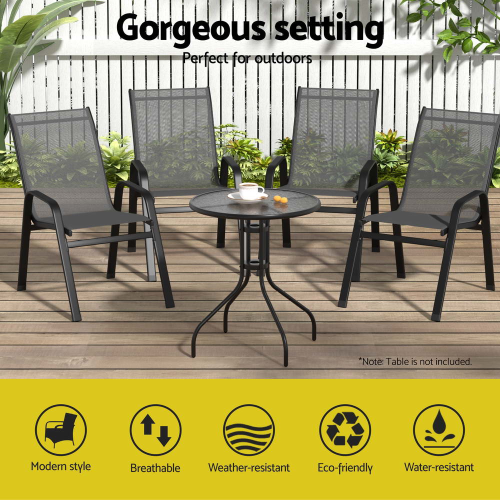 Berry grey textilene stackable outdoor chairs on a patio