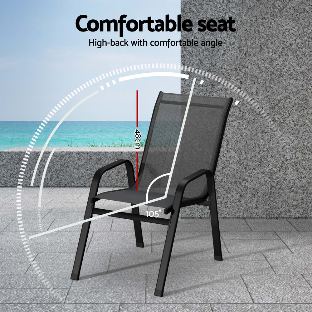 Berry grey textilene stackable outdoor chairs on a patio