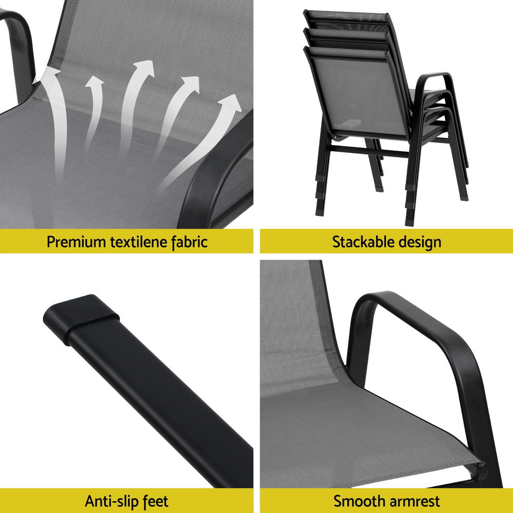 Berry grey textilene stackable outdoor chairs on a patio