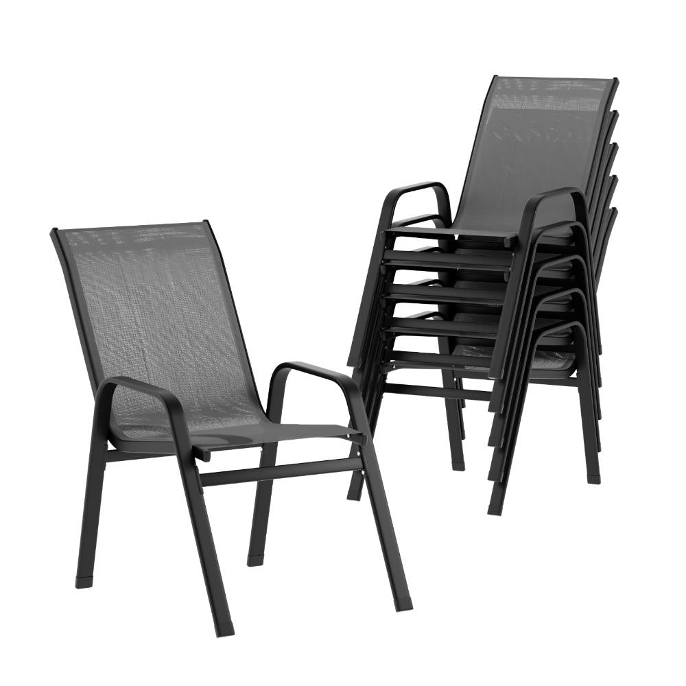 Berry grey textilene stackable outdoor chairs on a patio