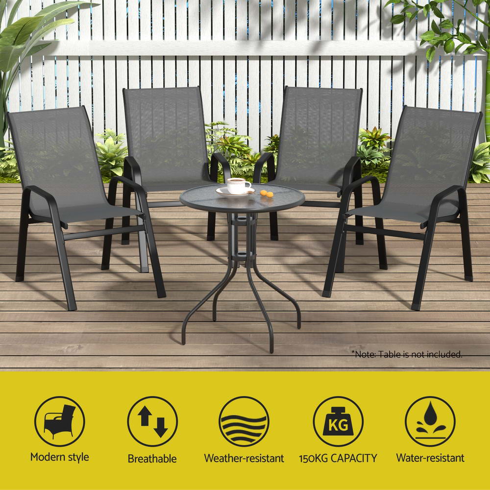 Berry grey textilene stackable outdoor chairs on a patio