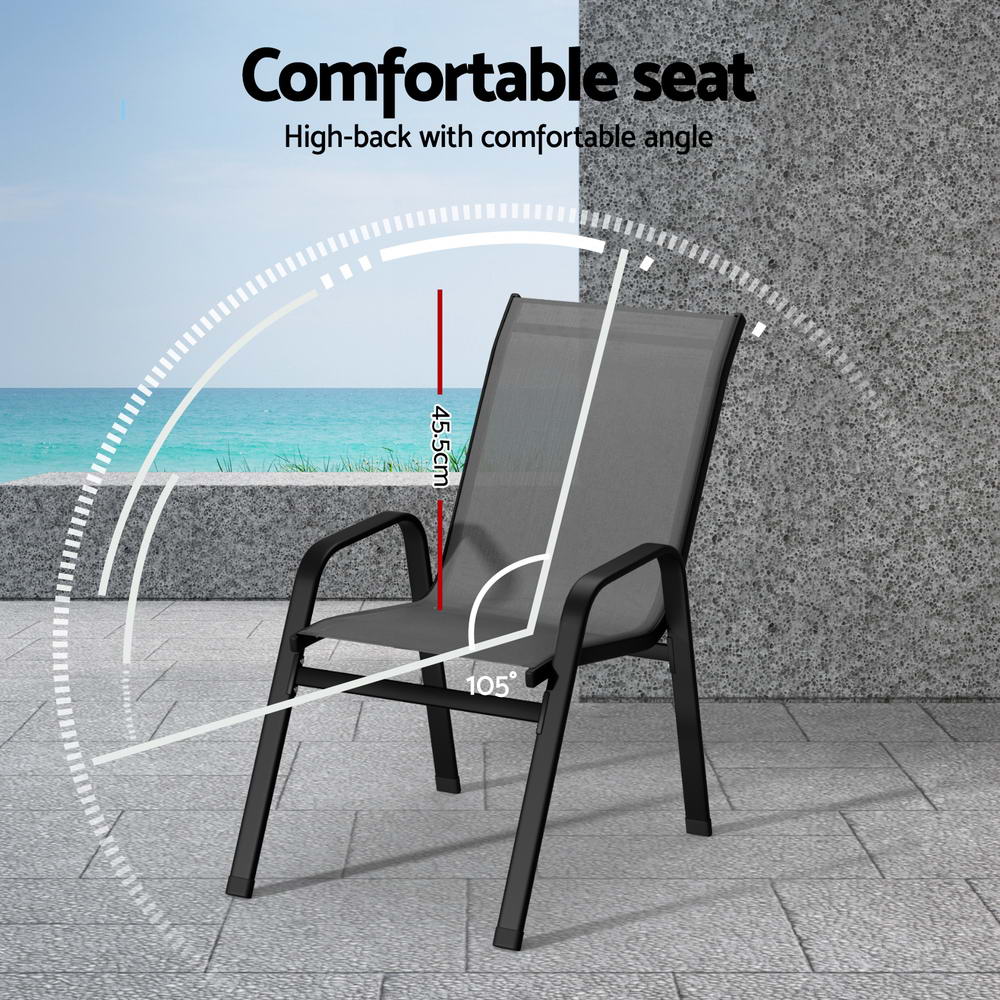 Berry grey textilene stackable outdoor chairs on a patio
