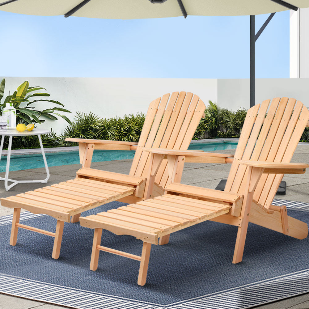 Huskisson natural hemlock wood Adirondack chairs with footstools in a garden
