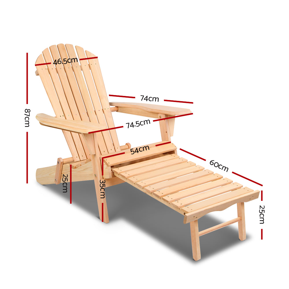 Huskisson natural hemlock wood Adirondack chairs with footstools in a garden