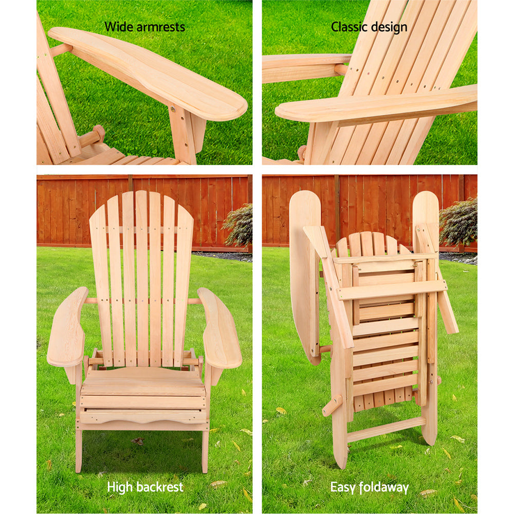 Huskisson natural hemlock wood Adirondack chairs with footstools in a garden