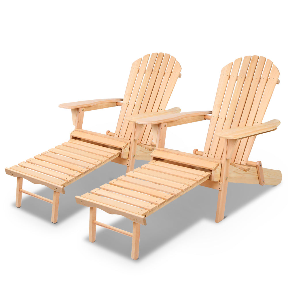 Huskisson natural hemlock wood Adirondack chairs with footstools in a garden