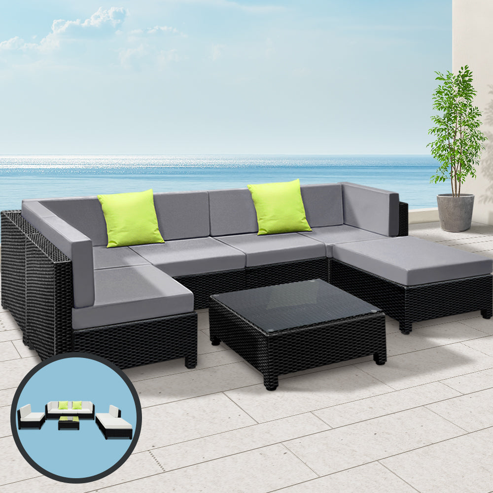 Rainbow Beach black wicker outdoor corner lounge set in an outdoor setting