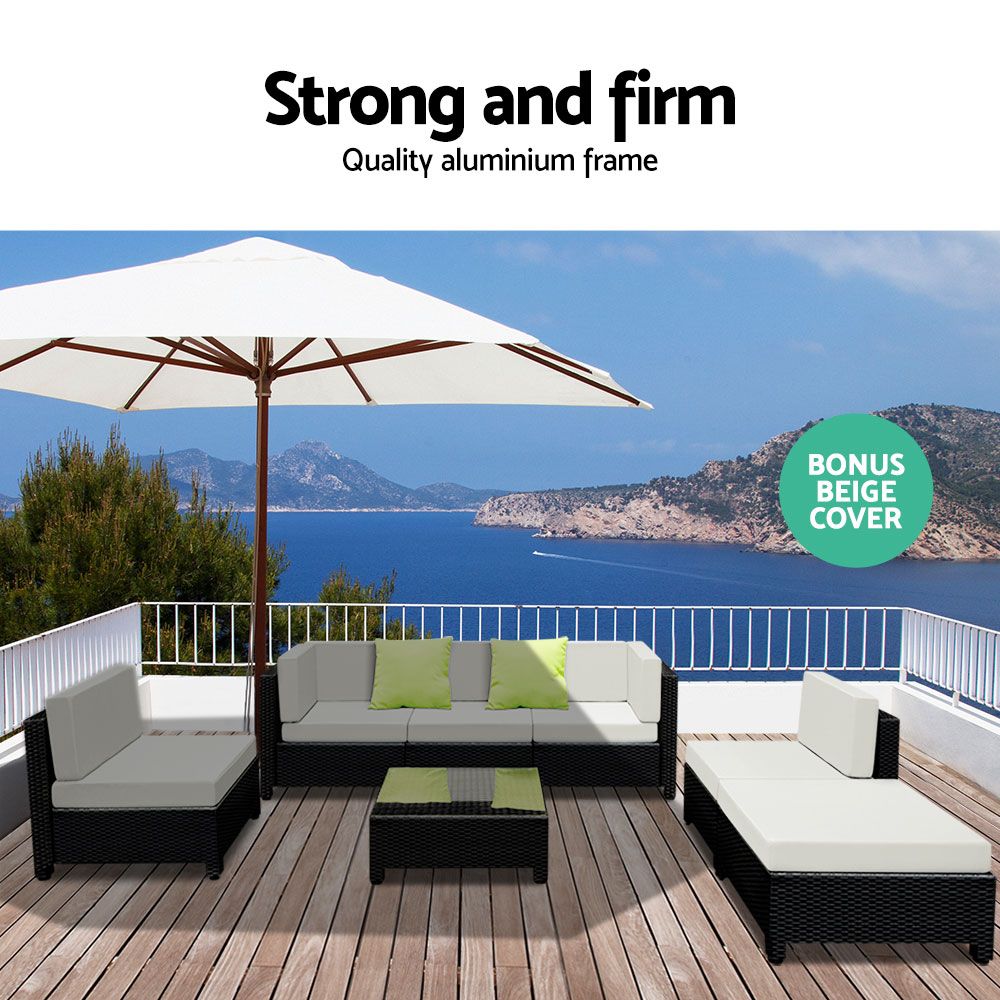 Rainbow Beach 7 Piece Outdoor Corner Lounge Set, Black Wicker