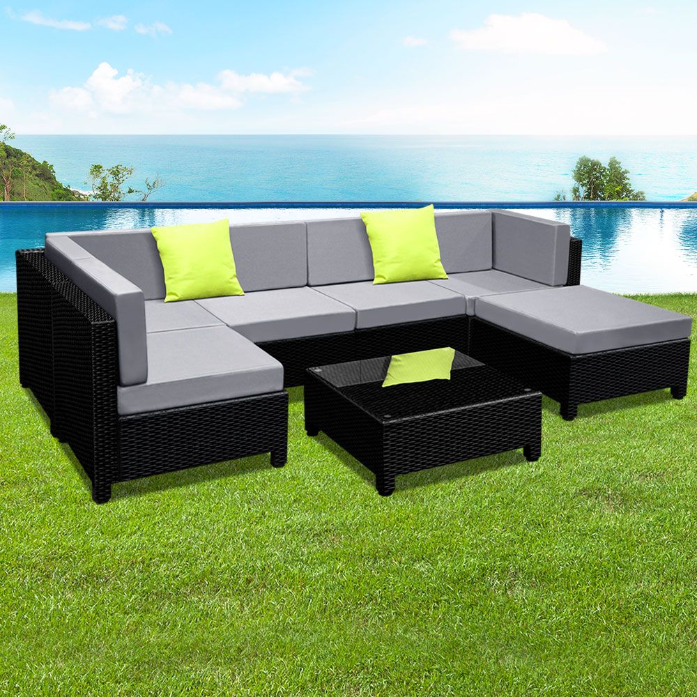 Rainbow Beach 7 Piece Outdoor Corner Lounge Set, Black Wicker
