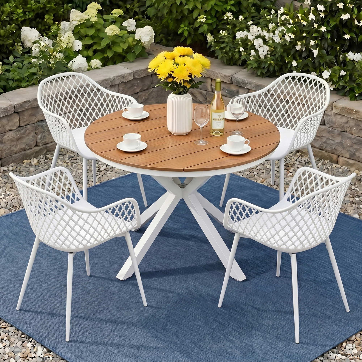 5 Piece Outdoor Dining Set, White, Diamond Weave Chairs