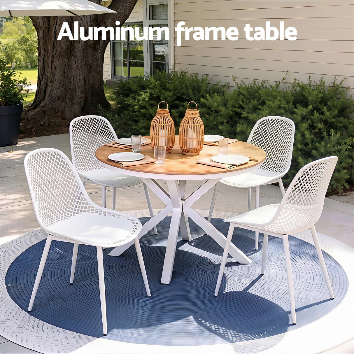 5 Piece Outdoor Dining Set, White, Lattice Weave Chairs, view 4