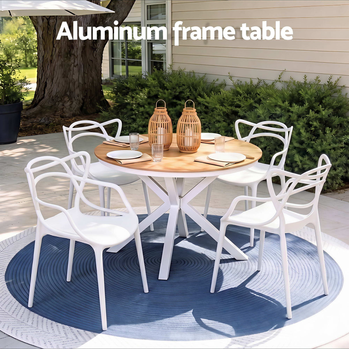 5 Piece Outdoor Dining Set, White, Cross Weave Chairs, view 4