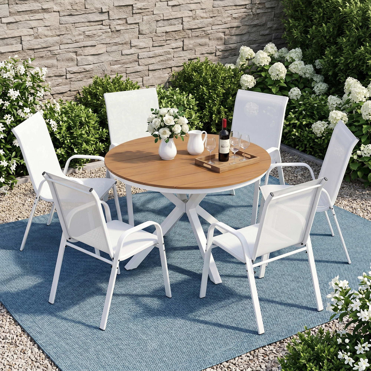 7 Piece Outdoor Dining Set, White, Textilene Stackable Chairs