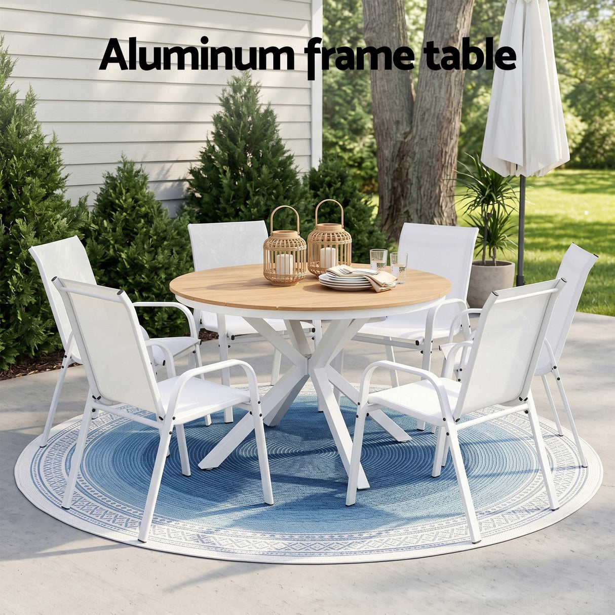 7 Piece Outdoor Dining Set, White, Textilene Stackable Chairs, view 4